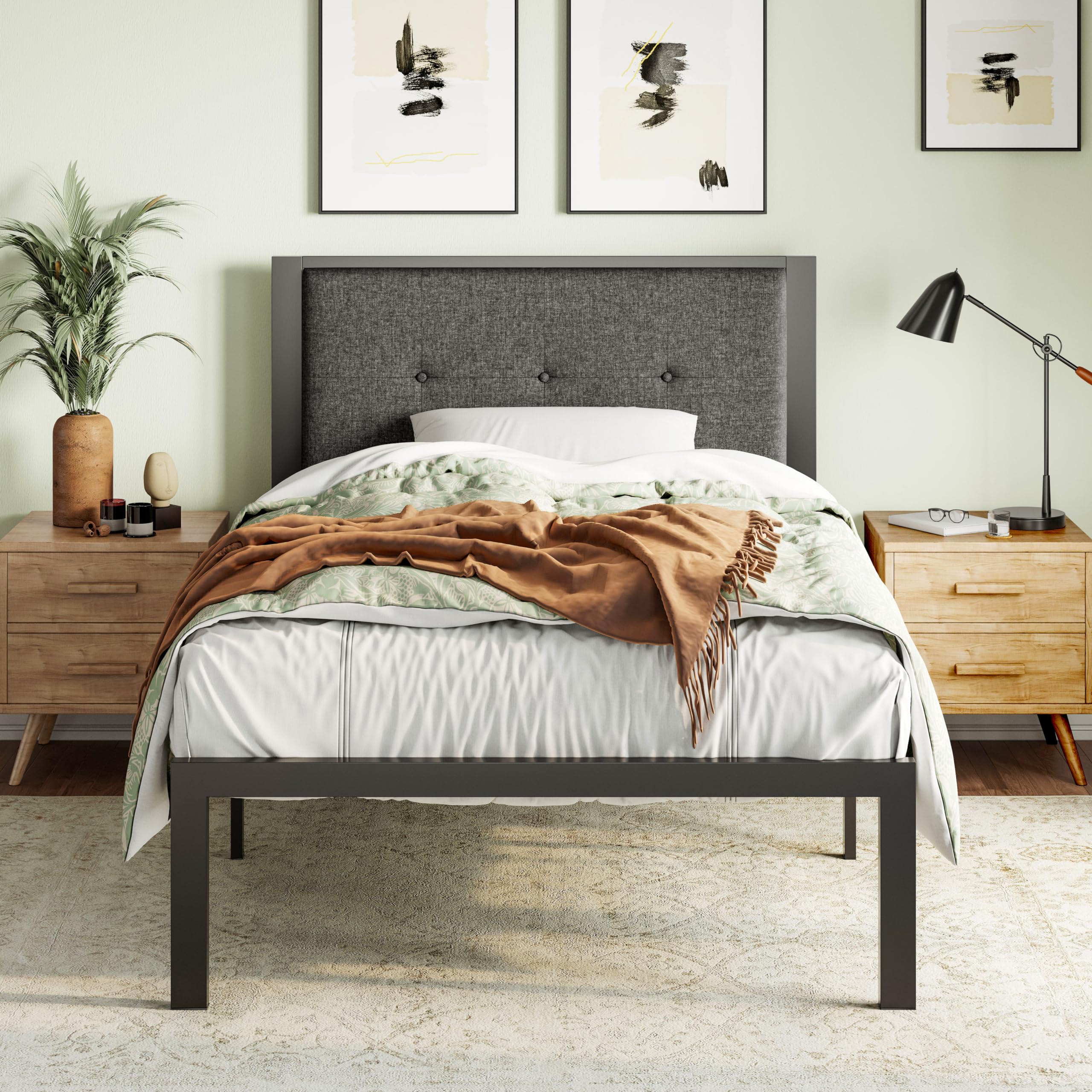 Imusee Twin Size Bed Frame With Upholstered Button Tufted Headboard, Heavy Duty Platform Bed With Strong Metal Slats Support, 12.4” Storage Space, Easy Assembly, Noise Free, No Box Spring Needed